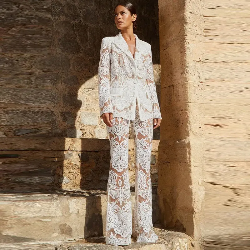 Kura® | Blazer And Hollow Mesh Pants For Women