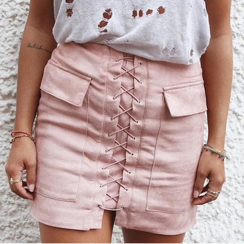 Lace Up Suede Leather Women Skirt 90's Vintage Pocket Preppy Short Skirt High Waist Casual Mini Skirts
