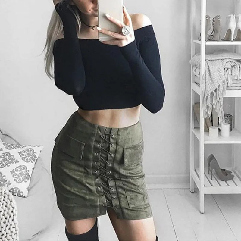 Lace Up Suede Leather Women Skirt 90's Vintage Pocket Preppy Short Skirt High Waist Casual Mini Skirts