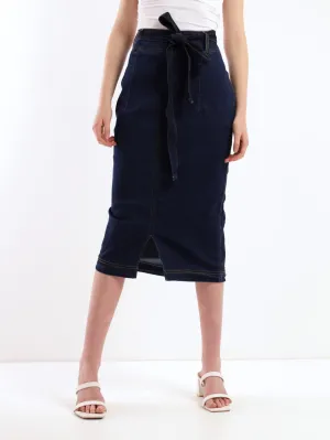 Ladies Belted Denim Pencil Skirt - Ink