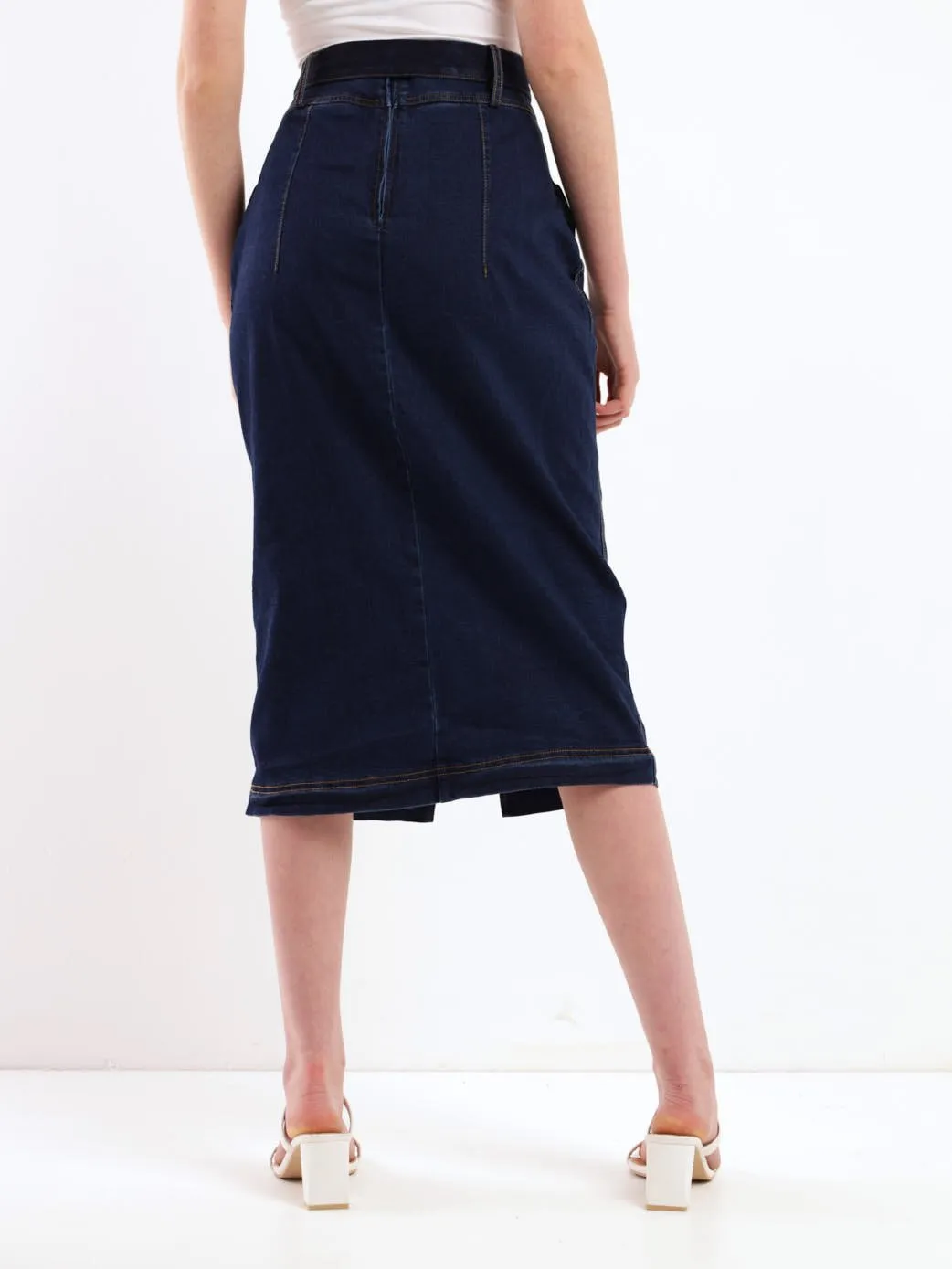 Ladies Belted Denim Pencil Skirt - Ink