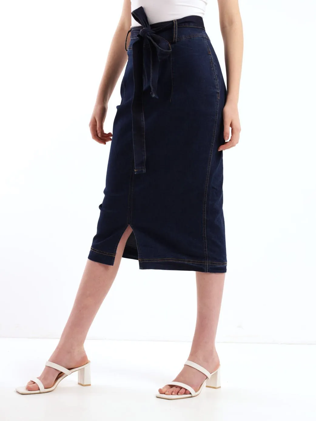 Ladies Belted Denim Pencil Skirt - Ink