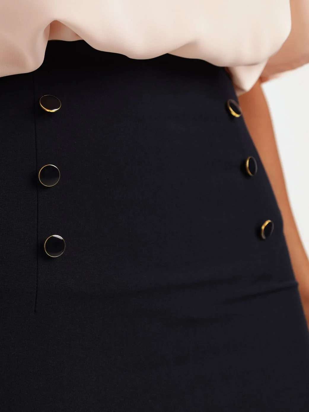 Ladies Button Detail Pencil Skirt - Navy