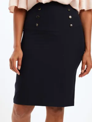 Ladies Button Detail Pencil Skirt - Navy