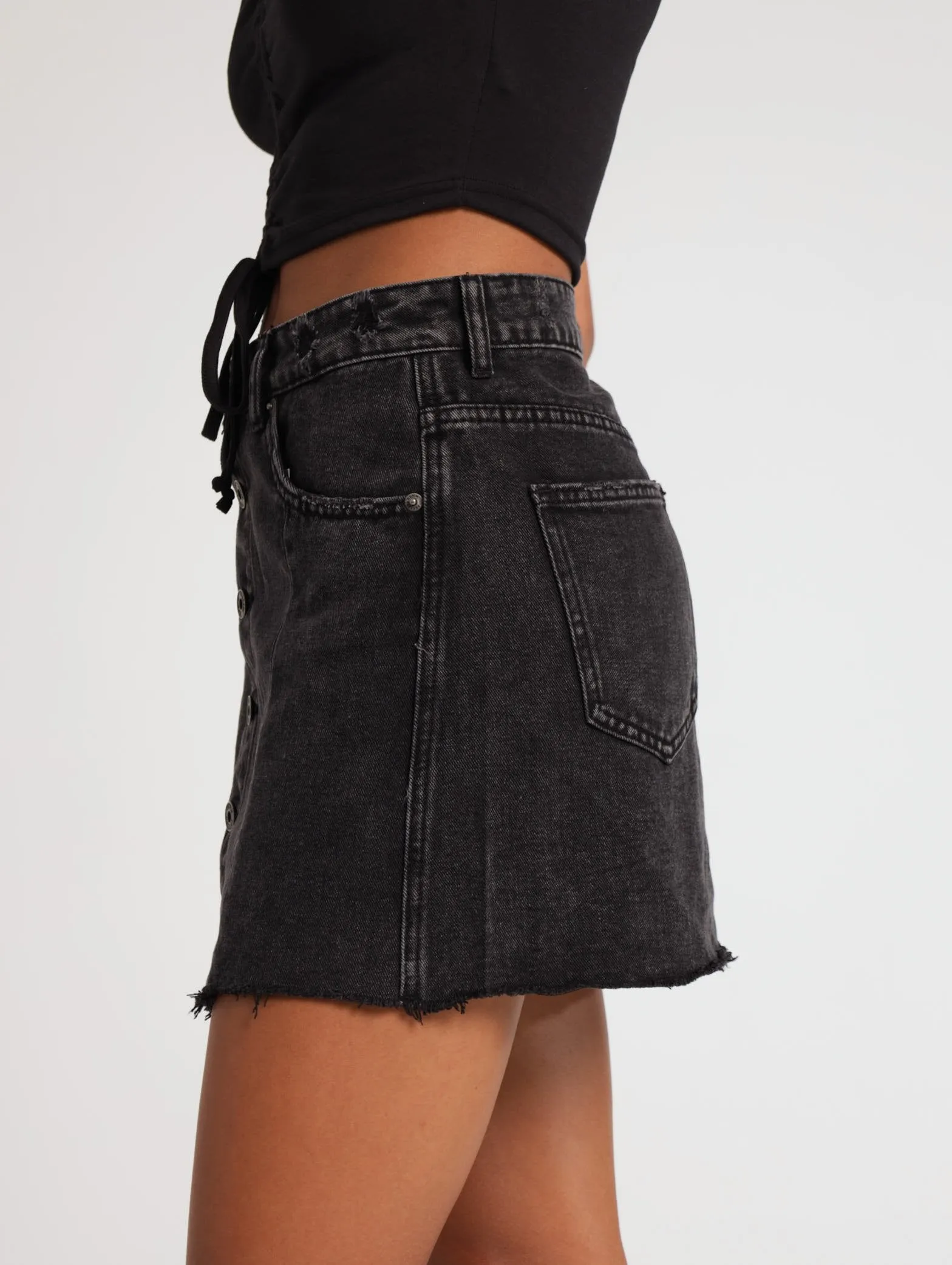 Ladies Button Through A-Line Skirt - Black
