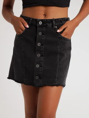 Ladies Button Through A-Line Skirt - Black