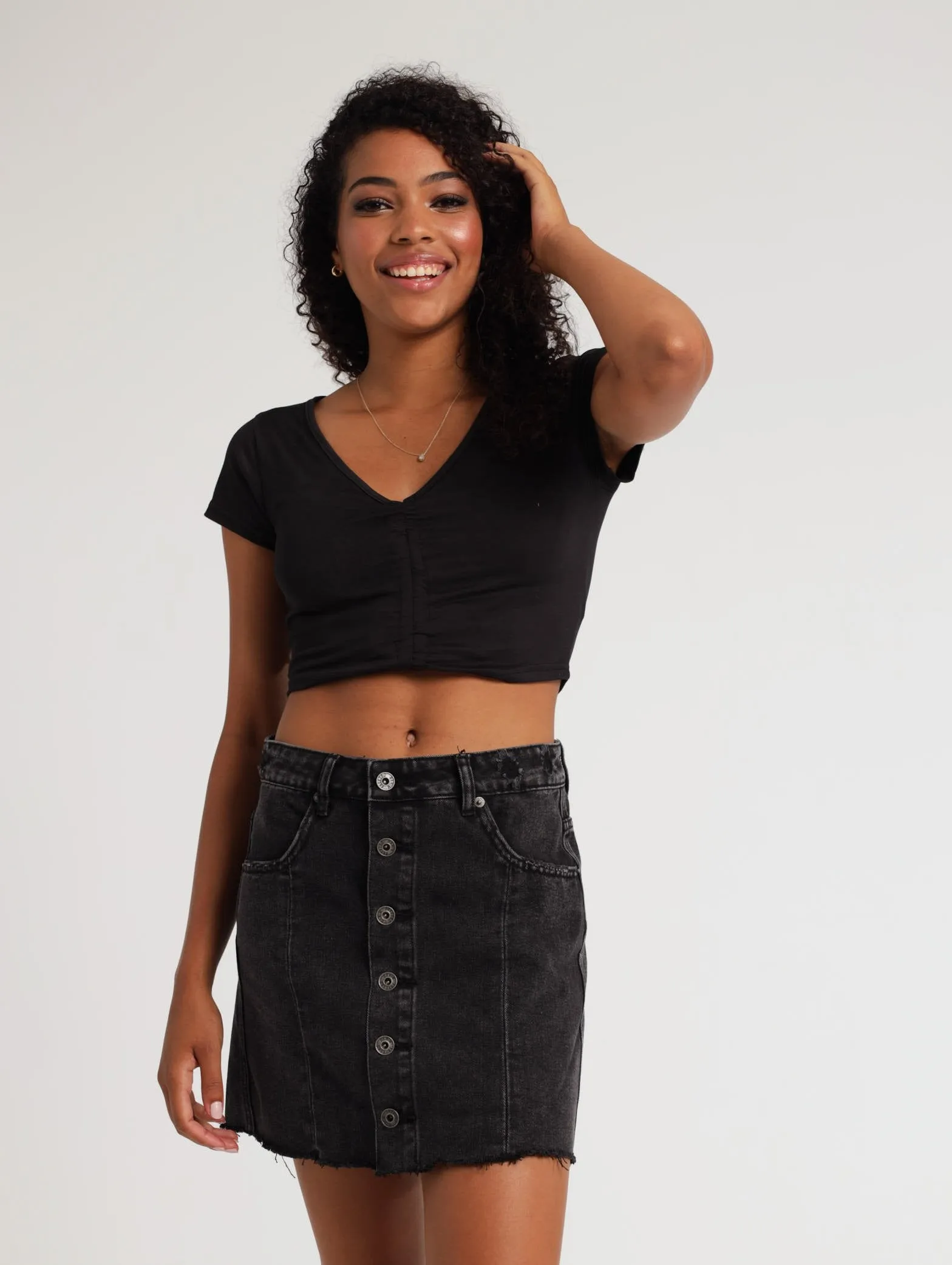 Ladies Button Through A-Line Skirt - Black