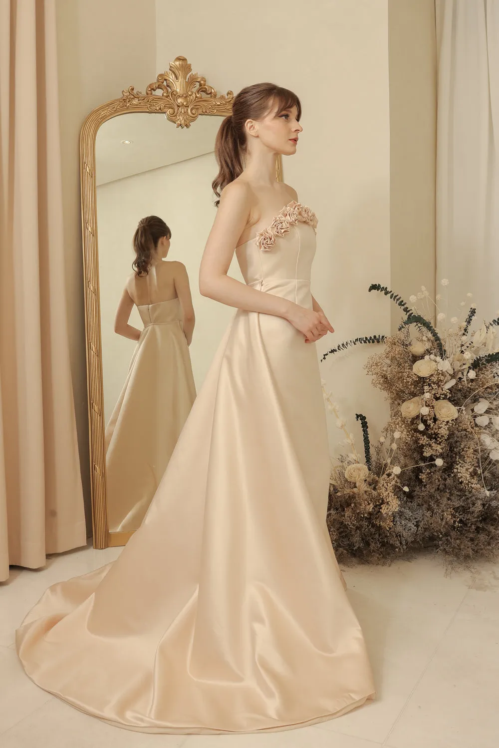 LEONORA GOWN Curve Neckline Maxi Dress with Full Floral Detail on Neckline and Detachable Trail Skirt (Light Peach Duchess Satin) SAME DAY DELIVERY - SMALL