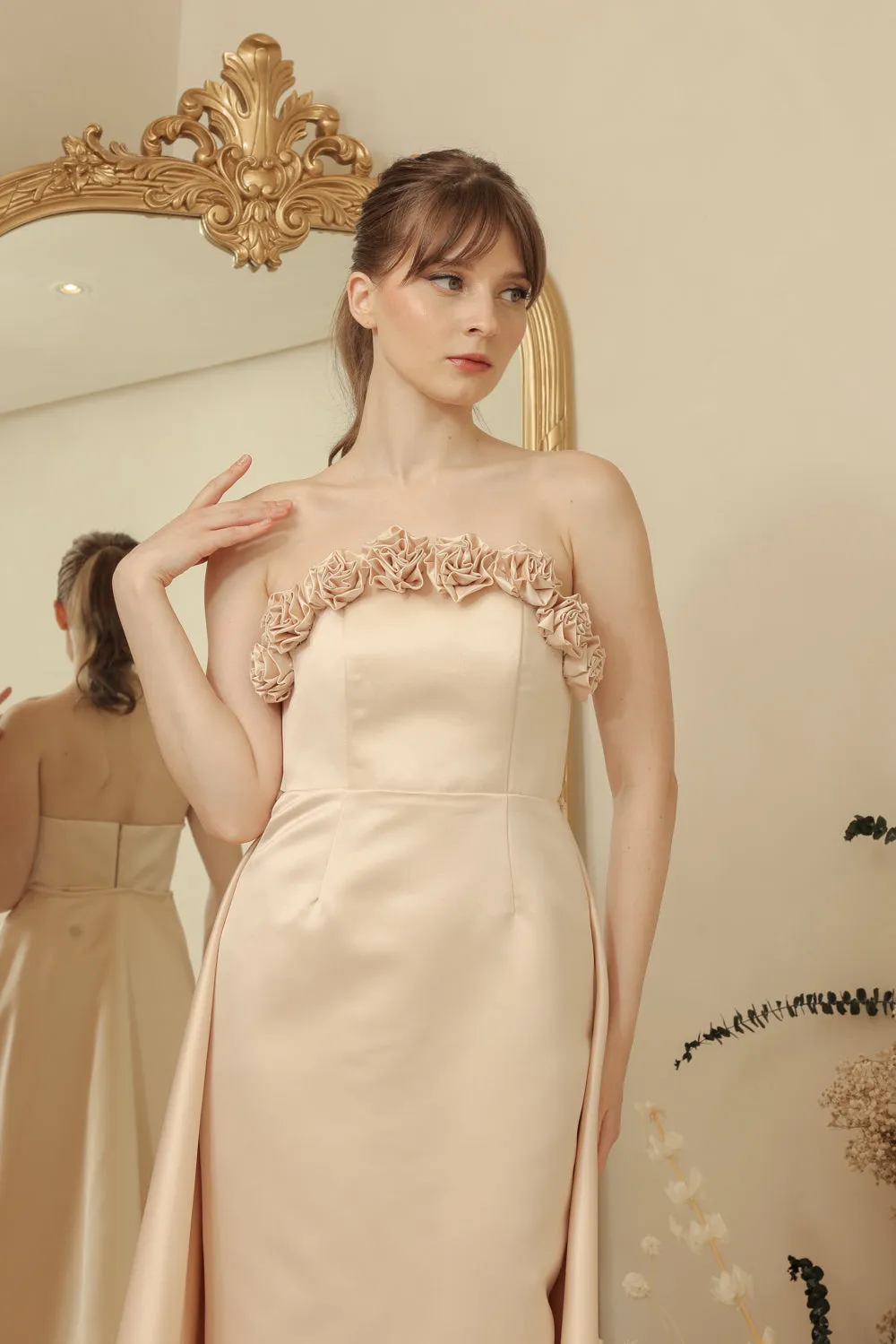 LEONORA GOWN Curve Neckline Maxi Dress with Full Floral Detail on Neckline and Detachable Trail Skirt (Light Peach Duchess Satin) SAME DAY DELIVERY - SMALL
