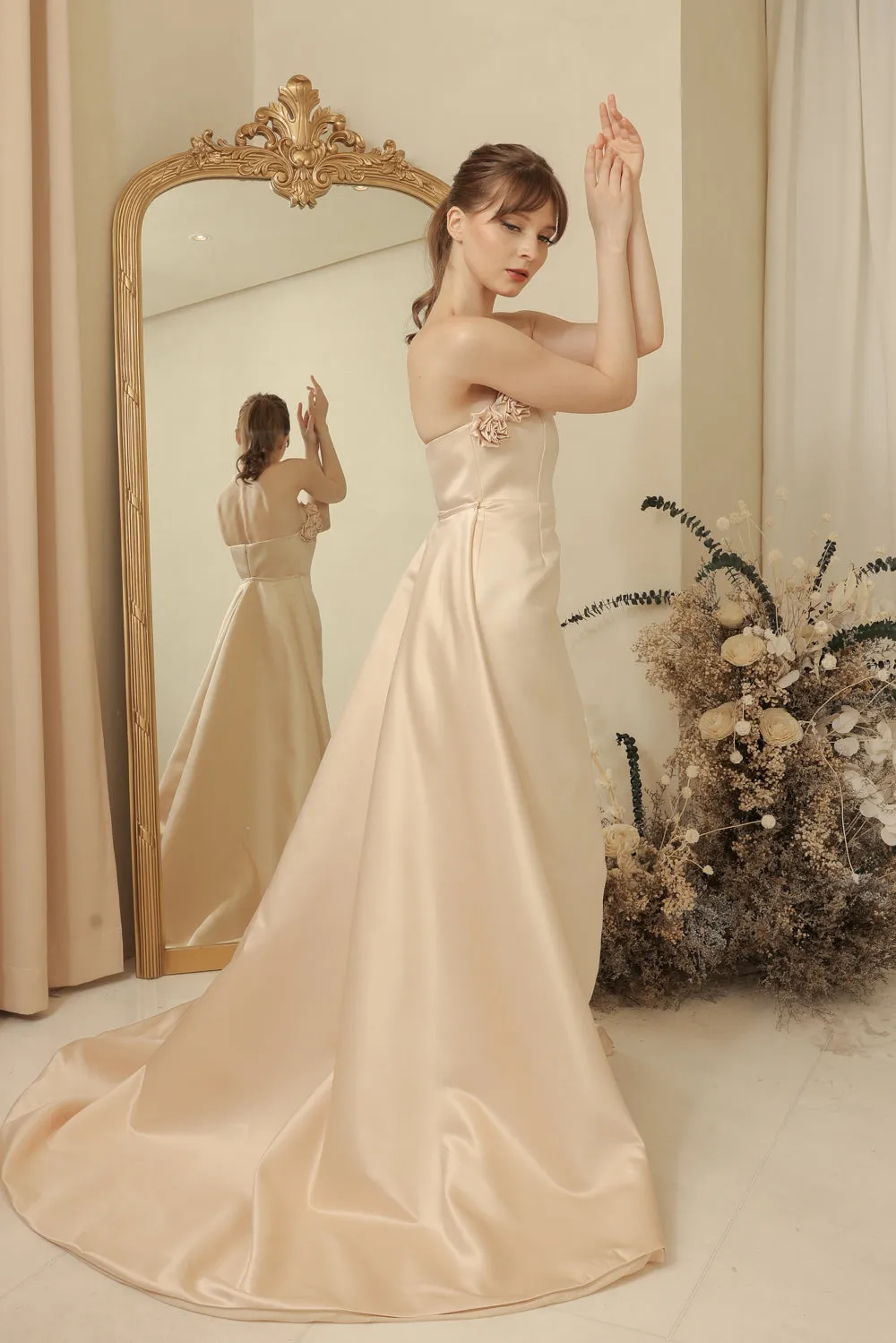 LEONORA GOWN Curve Neckline Maxi Dress with Full Floral Detail on Neckline and Detachable Trail Skirt (Light Peach Duchess Satin) SAME DAY DELIVERY - SMALL