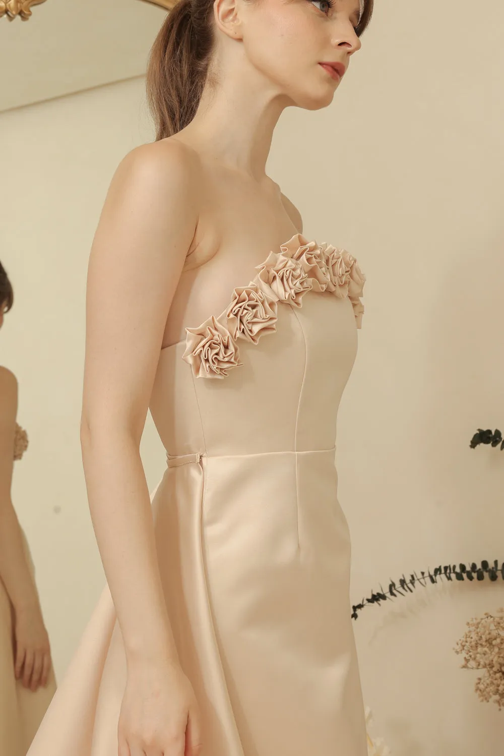 LEONORA GOWN Curve Neckline Maxi Dress with Full Floral Detail on Neckline and Detachable Trail Skirt (Light Peach Duchess Satin) SAME DAY DELIVERY - SMALL