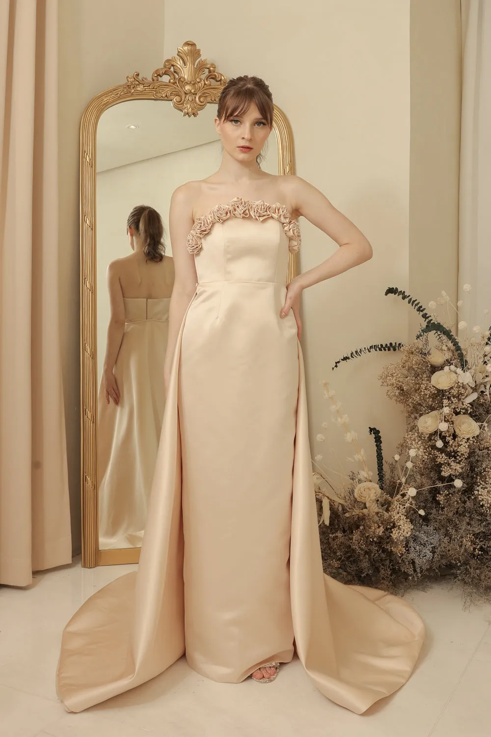 LEONORA GOWN Curve Neckline Maxi Dress with Full Floral Detail on Neckline and Detachable Trail Skirt (Light Peach Duchess Satin) SAME DAY DELIVERY - SMALL