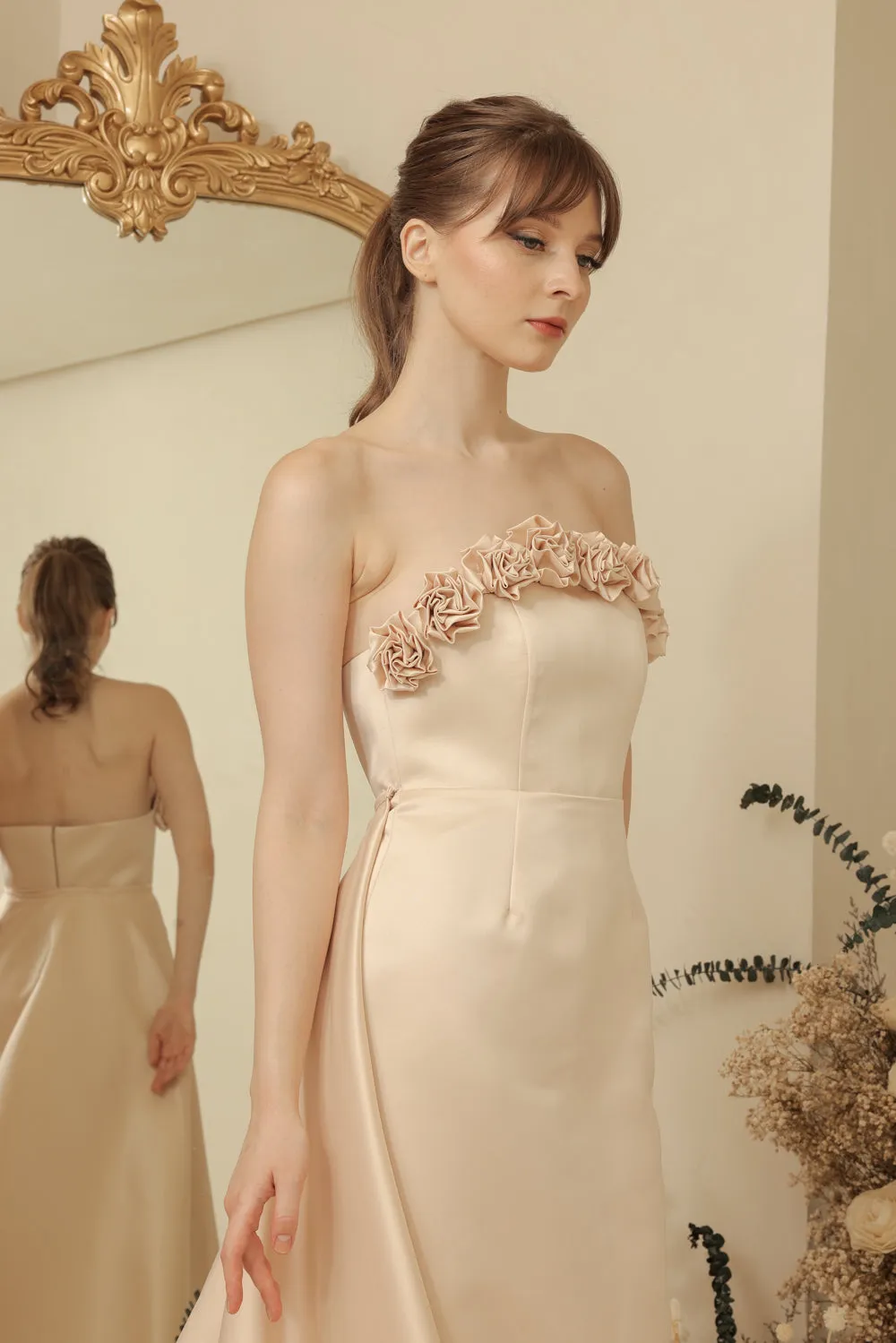 LEONORA GOWN Curve Neckline Maxi Dress with Full Floral Detail on Neckline and Detachable Trail Skirt (Light Peach Duchess Satin) SAME DAY DELIVERY - SMALL