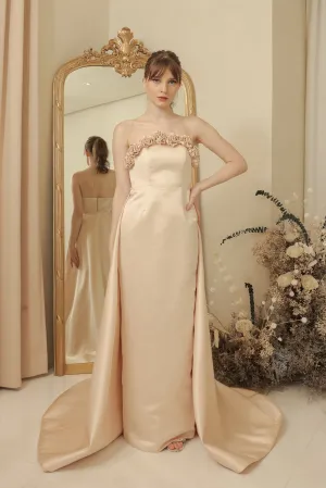 LEONORA GOWN Curve Neckline Maxi Dress with Full Floral Detail on Neckline and Detachable Trail Skirt (Light Peach Duchess Satin) SAME DAY DELIVERY - SMALL