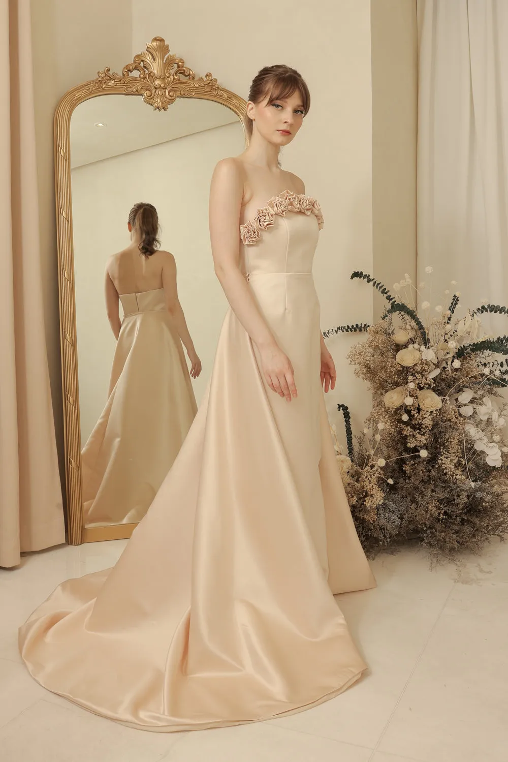 LEONORA GOWN Curve Neckline Maxi Dress with Full Floral Detail on Neckline and Detachable Trail Skirt (Light Peach Duchess Satin) SAME DAY DELIVERY - SMALL