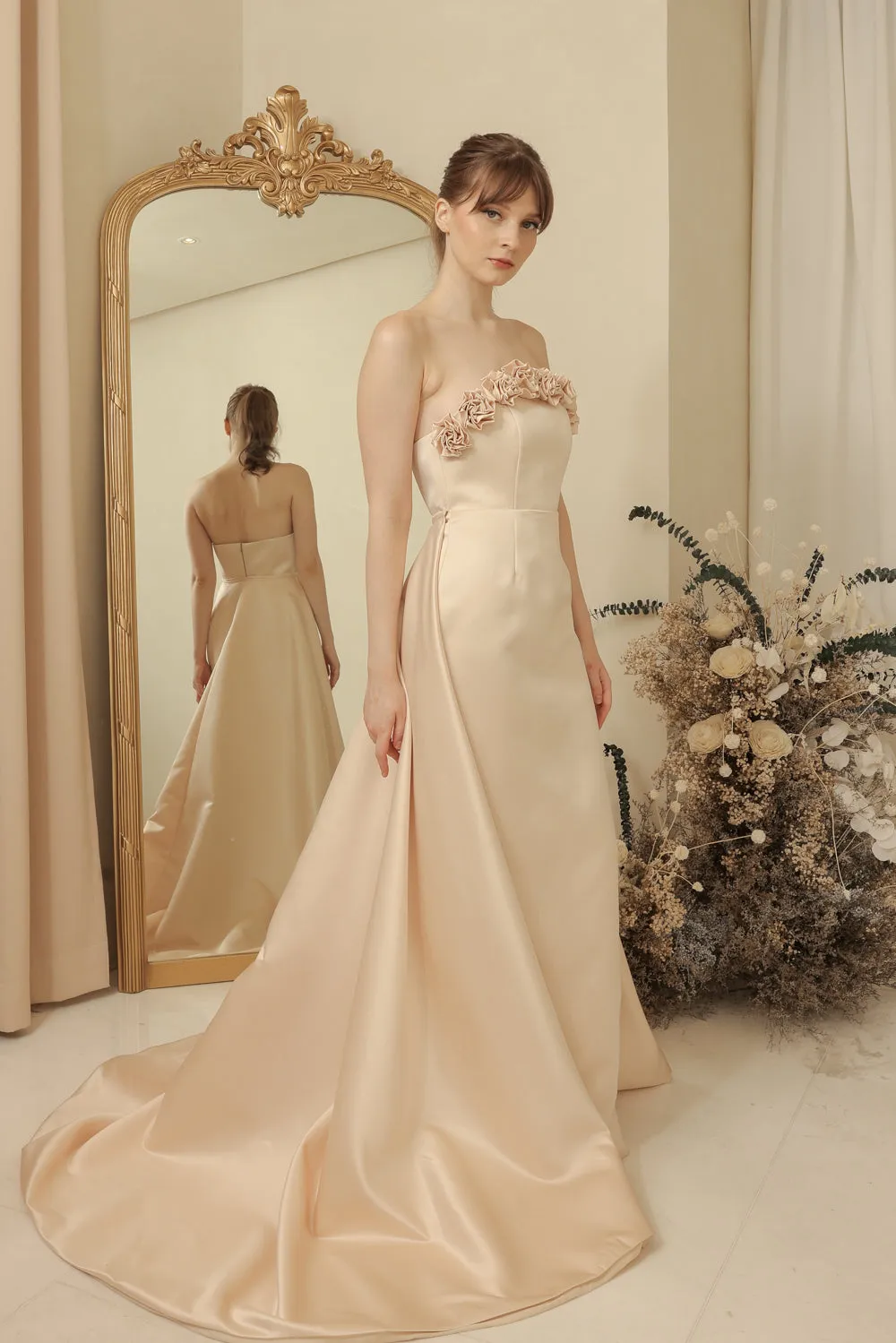 LEONORA GOWN Curve Neckline Maxi Dress with Full Floral Detail on Neckline and Detachable Trail Skirt (Light Peach Duchess Satin) SAME DAY DELIVERY - SMALL