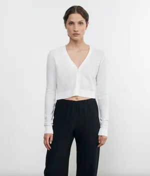 Linen Open Knit Cropped V Neck Cardigan - White