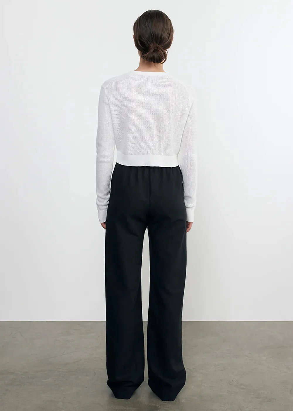 Linen Open Knit Cropped V Neck Cardigan - White