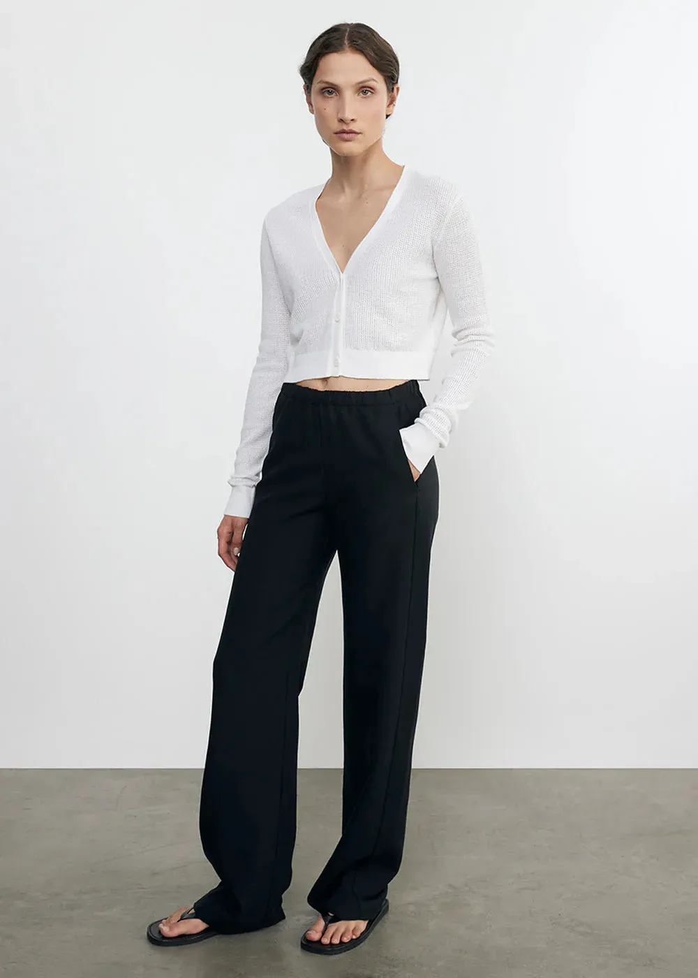Linen Open Knit Cropped V Neck Cardigan - White