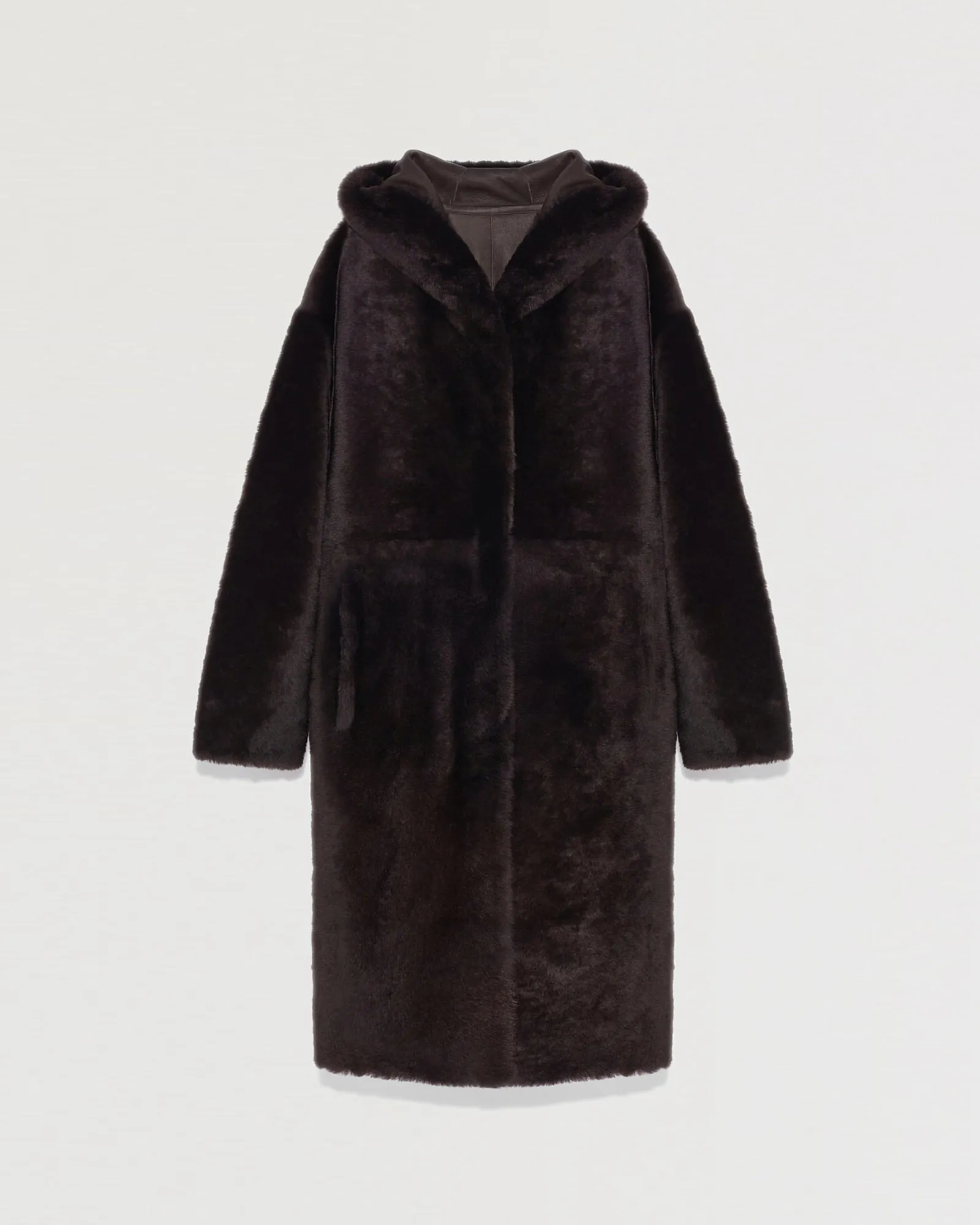 Long hooded shearling coat
