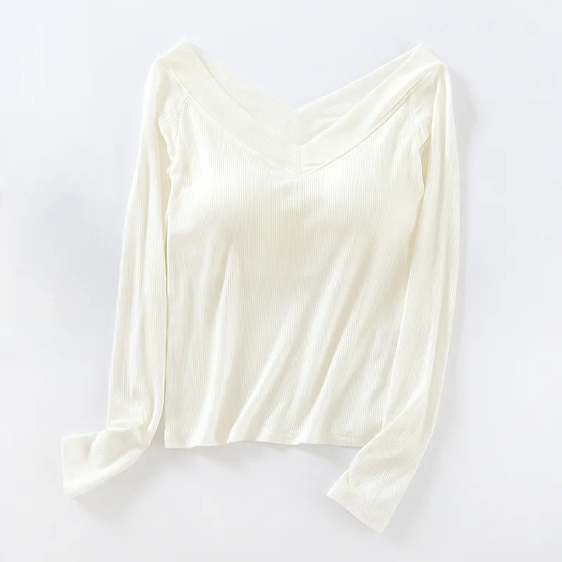 Long Sleeve Off Shoulder Built-in Bra Top