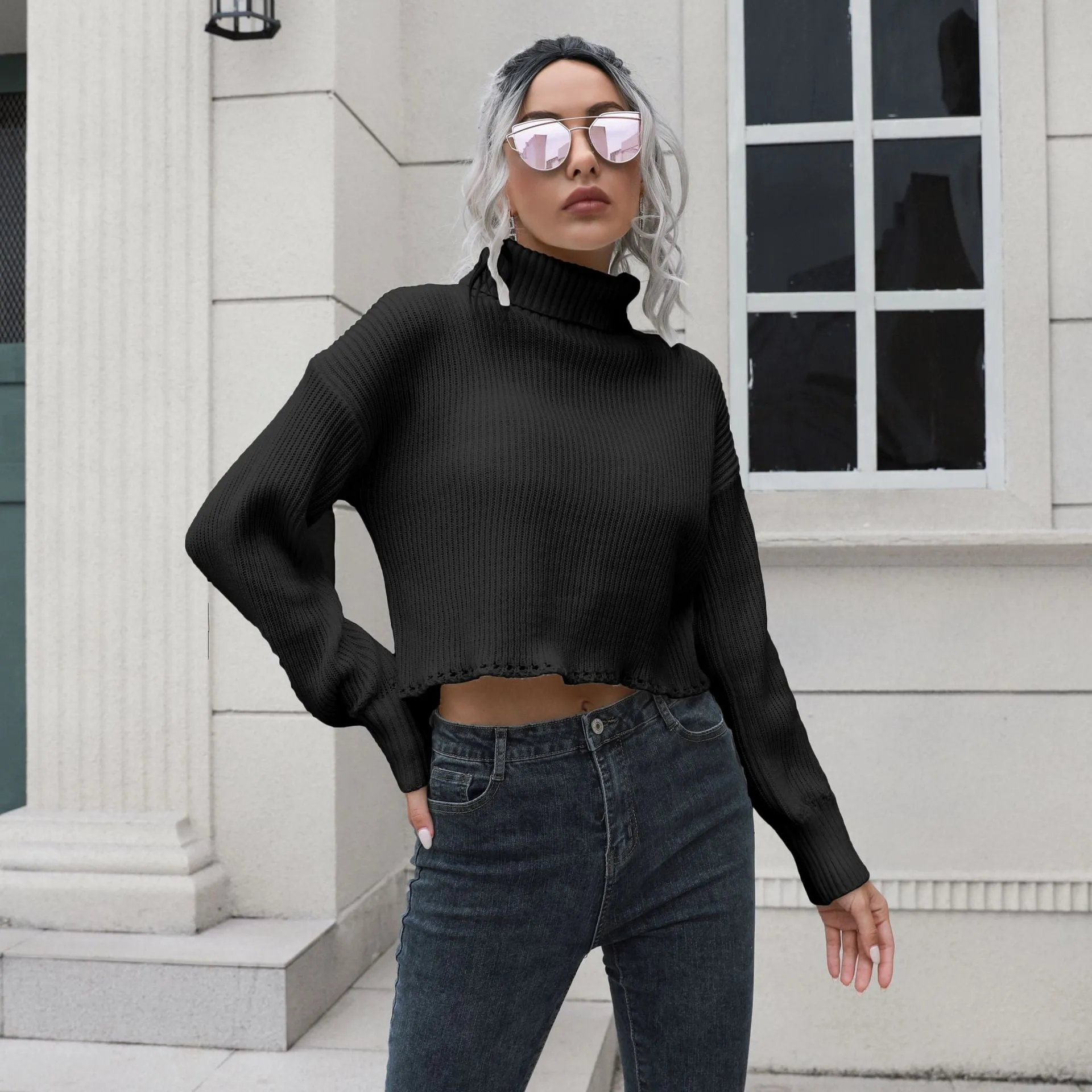 Loose Fitting Long Sleeved Cropped Sweater with a Turtleneck