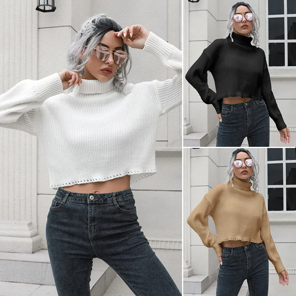 Loose Fitting Long Sleeved Cropped Sweater with a Turtleneck