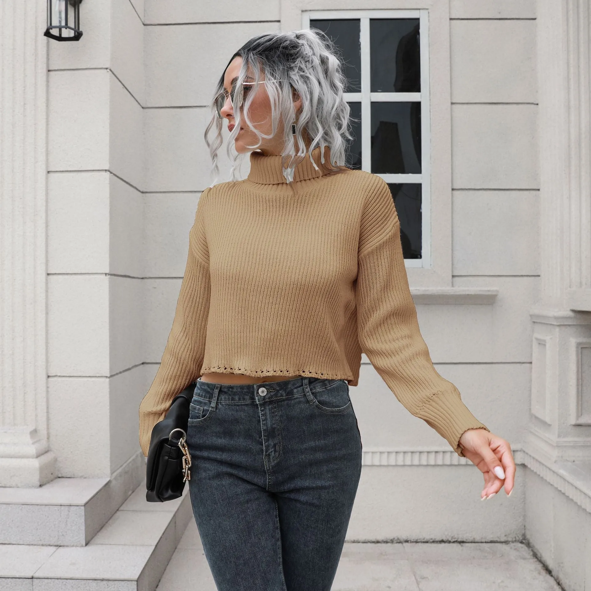 Loose Fitting Long Sleeved Cropped Sweater with a Turtleneck