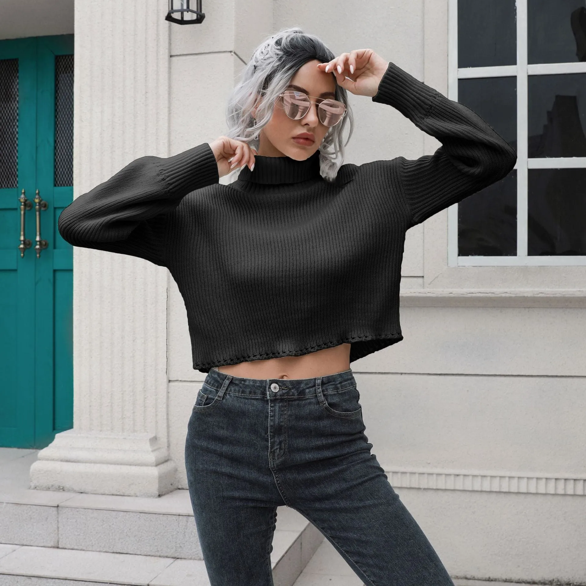Loose Fitting Long Sleeved Cropped Sweater with a Turtleneck