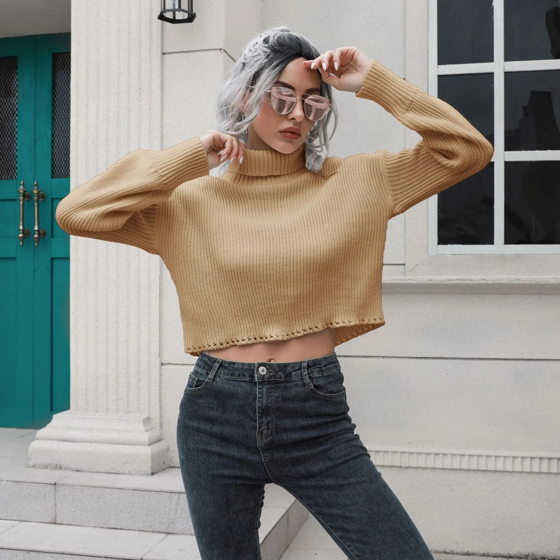 Loose Fitting Long Sleeved Cropped Sweater with a Turtleneck