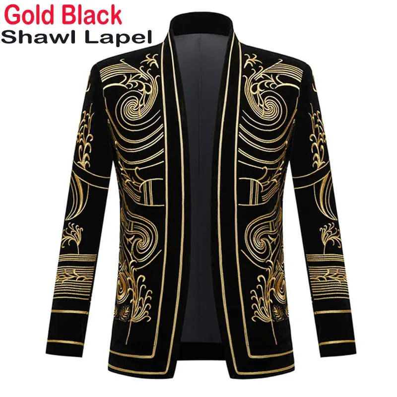 Luxury Baroque Gold Floral Embroidery Blazer Jacket Men Shawl Lapel Velvet Cardigan Blazers Men Wedding Party Prom Costume Homme