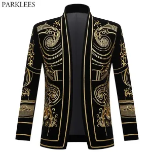 Luxury Baroque Gold Floral Embroidery Blazer Jacket Men Shawl Lapel Velvet Cardigan Blazers Men Wedding Party Prom Costume Homme