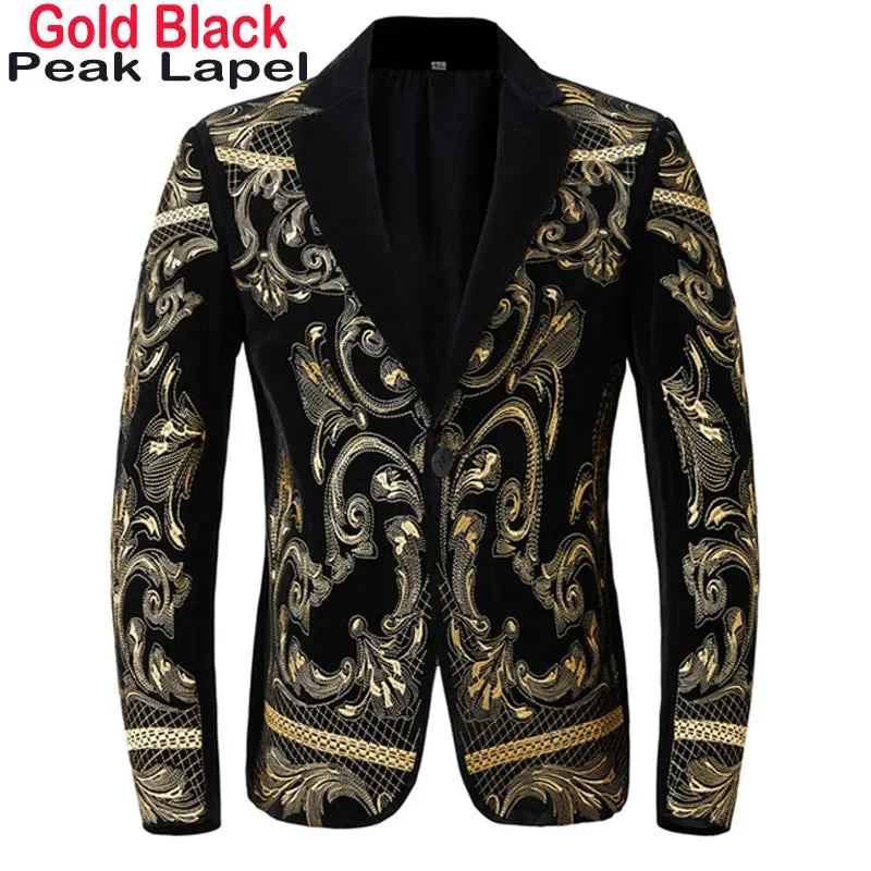 Luxury Baroque Gold Floral Embroidery Blazer Jacket Men Shawl Lapel Velvet Cardigan Blazers Men Wedding Party Prom Costume Homme