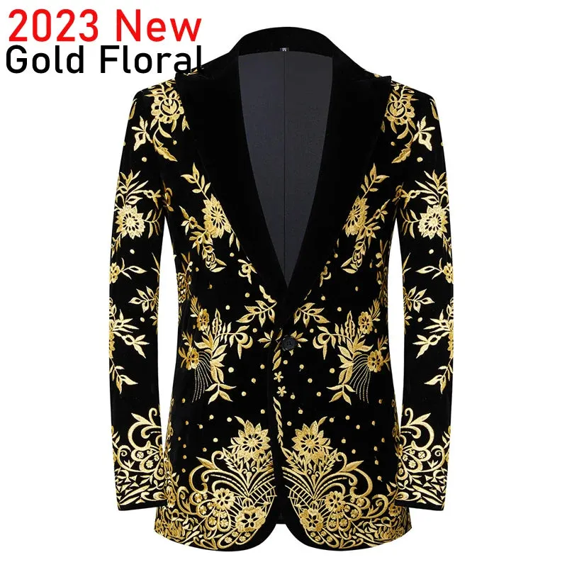 Luxury Baroque Gold Floral Embroidery Blazer Jacket Men Shawl Lapel Velvet Cardigan Blazers Men Wedding Party Prom Costume Homme