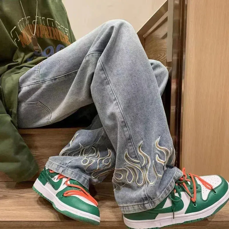 Men's Flame Embroidery Baggy Jeans – Wide-Leg Loose Denim Streetwear Pants