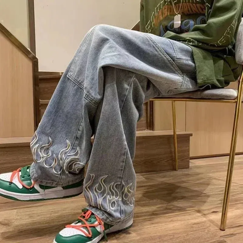 Men's Flame Embroidery Baggy Jeans – Wide-Leg Loose Denim Streetwear Pants