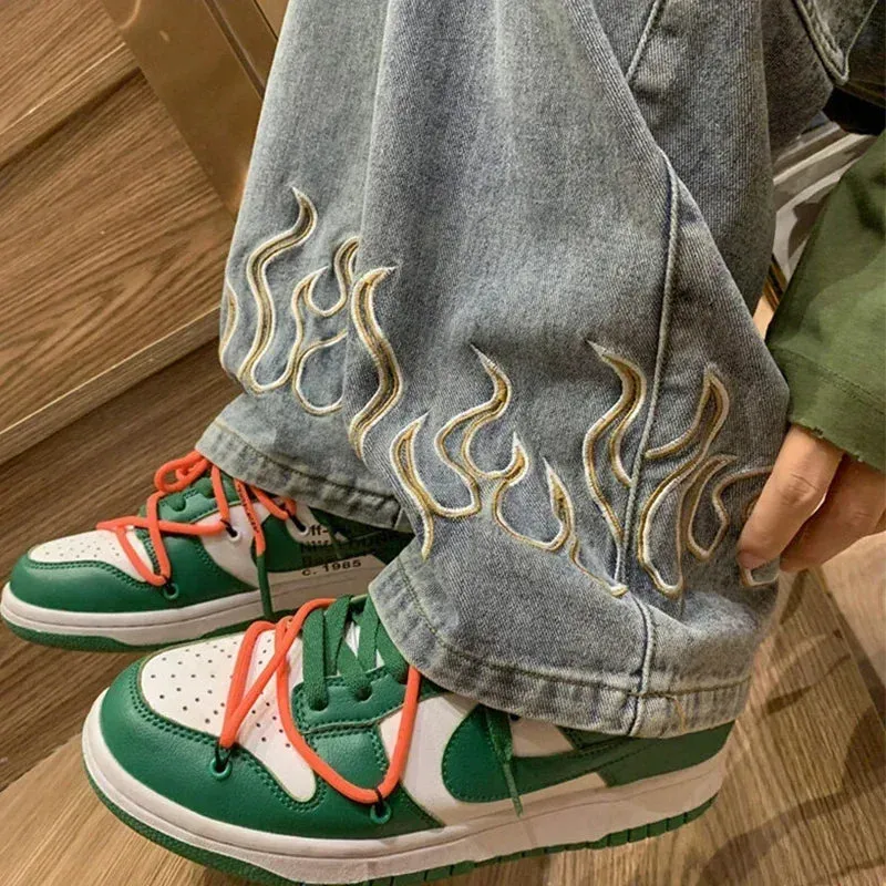 Men's Flame Embroidery Baggy Jeans – Wide-Leg Loose Denim Streetwear Pants