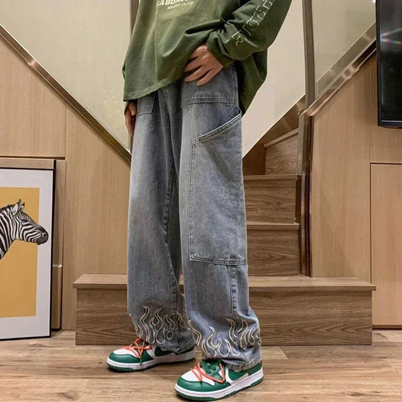 Men's Flame Embroidery Baggy Jeans – Wide-Leg Loose Denim Streetwear Pants