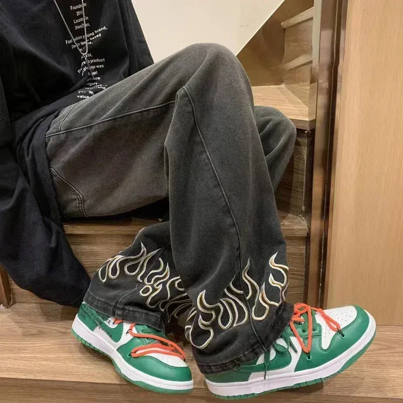Men's Flame Embroidery Baggy Jeans – Wide-Leg Loose Denim Streetwear Pants