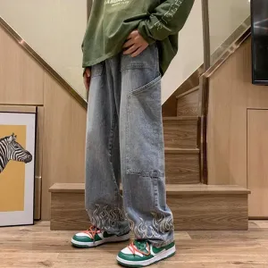 Men's Flame Embroidery Baggy Jeans – Wide-Leg Loose Denim Streetwear Pants