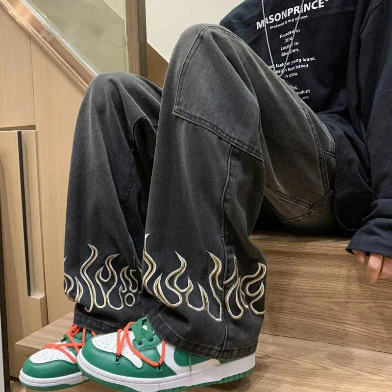 Men's Flame Embroidery Baggy Jeans – Wide-Leg Loose Denim Streetwear Pants