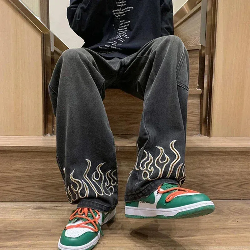 Men's Flame Embroidery Baggy Jeans – Wide-Leg Loose Denim Streetwear Pants