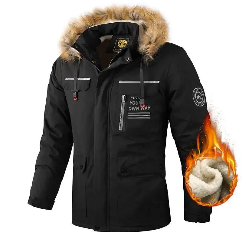 Men's Fleece-lined Thickened Jacket Casual Outdoor Parka Autumn and Winter Warm Windproof Waterproof Jacket Men's Jacket