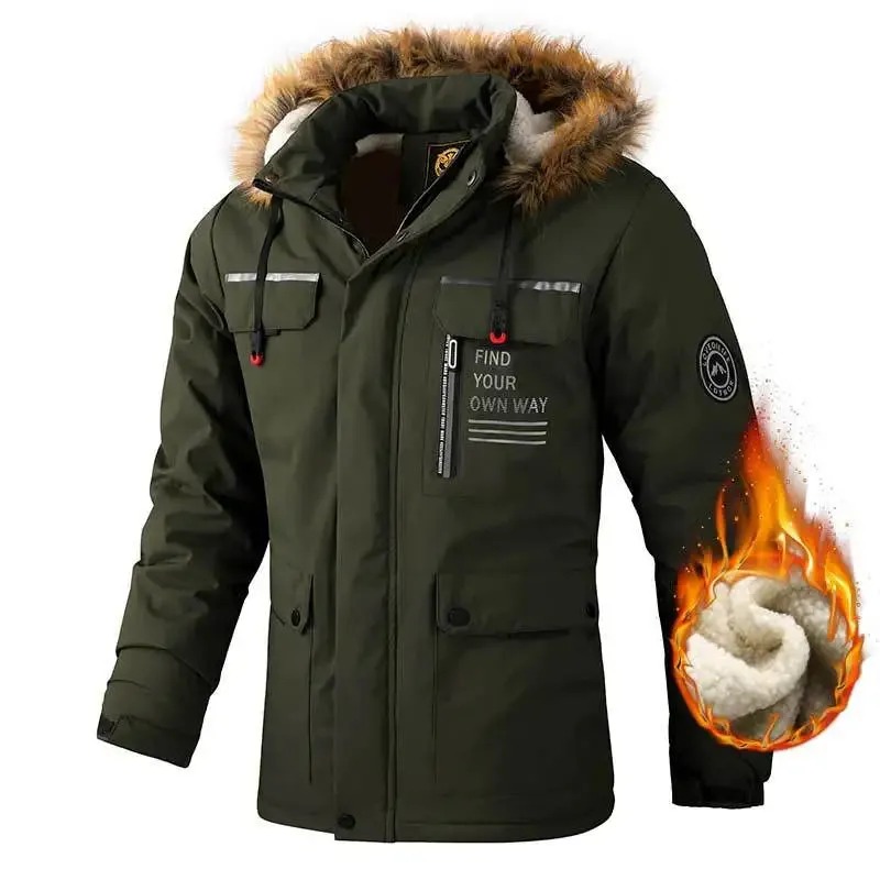 Men's Fleece-lined Thickened Jacket Casual Outdoor Parka Autumn and Winter Warm Windproof Waterproof Jacket Men's Jacket