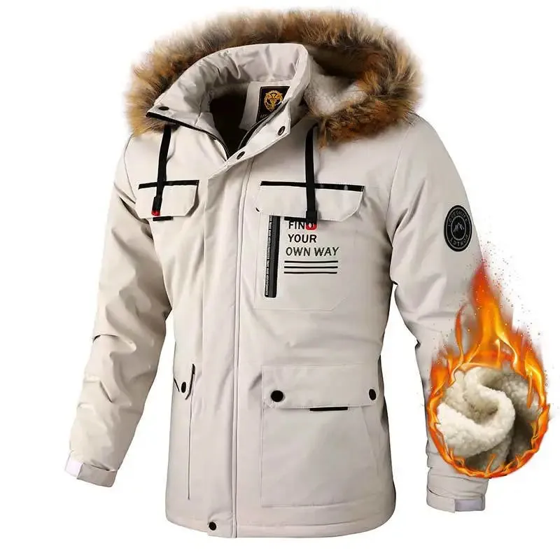 Men's Fleece-lined Thickened Jacket Casual Outdoor Parka Autumn and Winter Warm Windproof Waterproof Jacket Men's Jacket