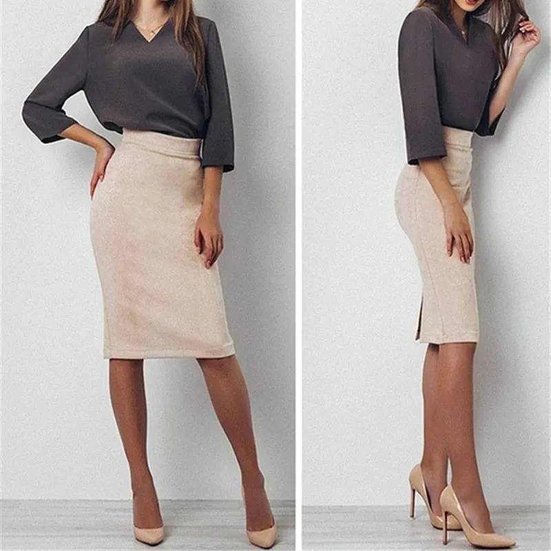 Midi Pencil Skirt Women Fashion Elastic High Waist Skirts