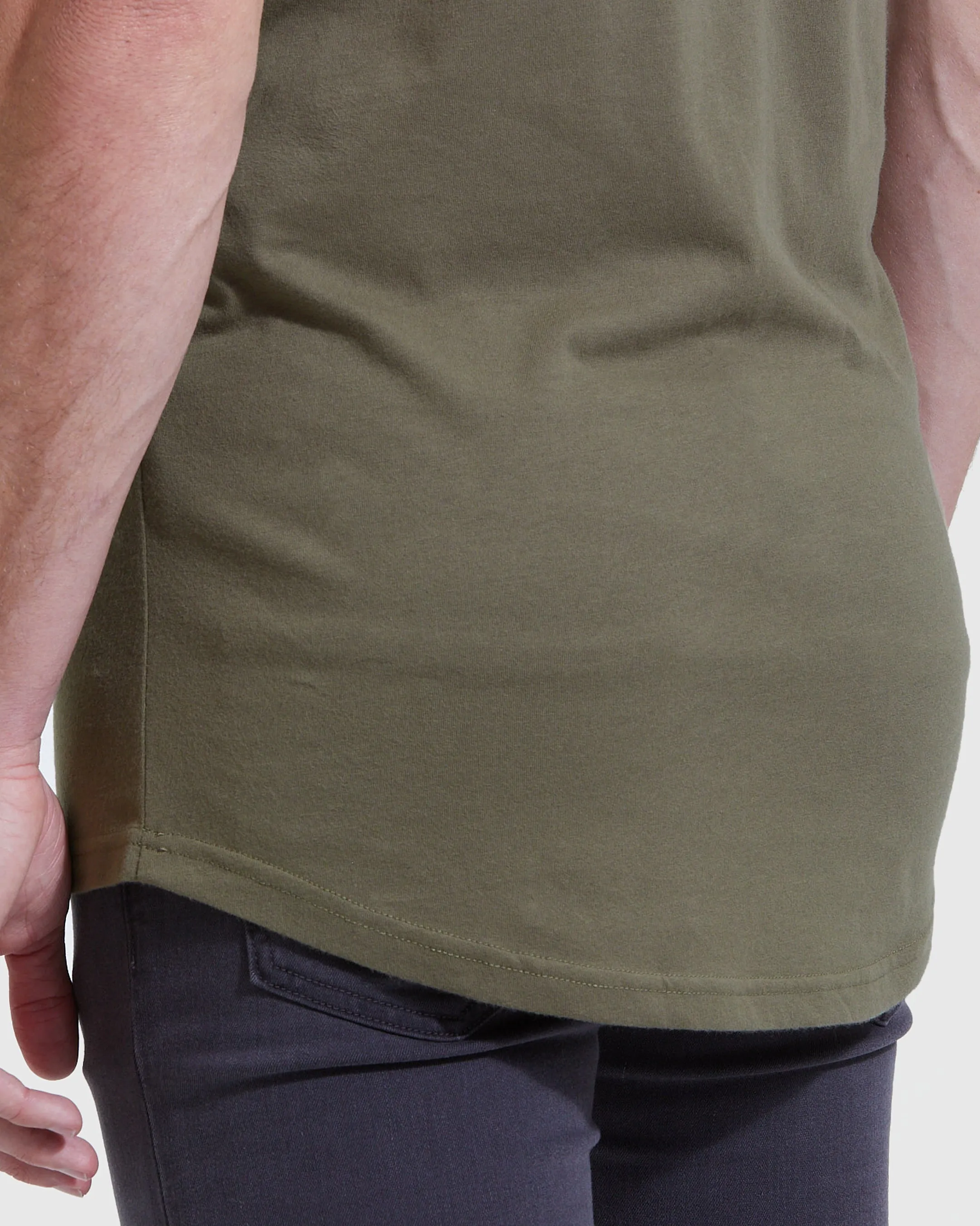 Military Green Tall Round Hem Crew Neck T-Shirt