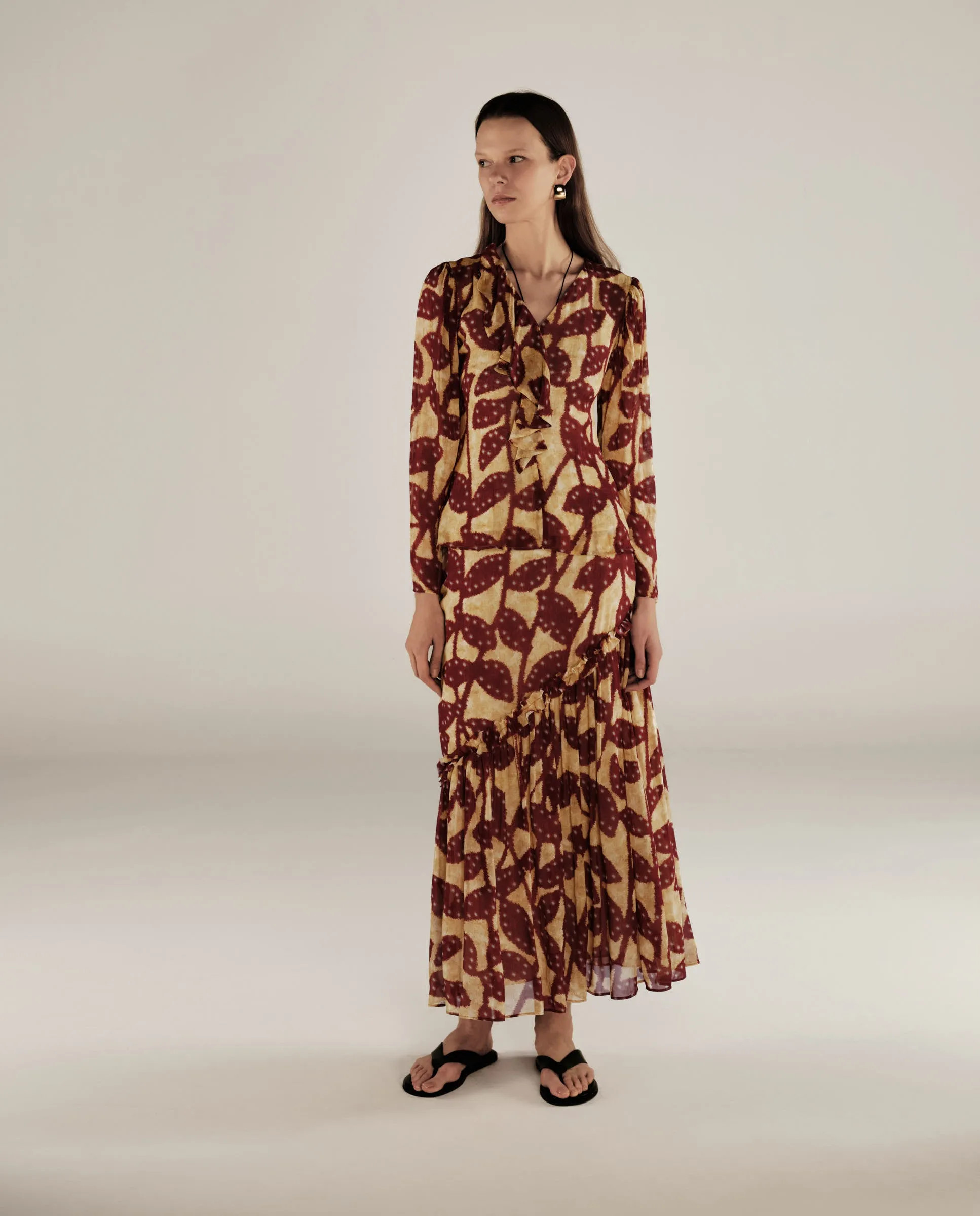 MILLIE | Burgundy & Gold Ruffle Crepe Blouse