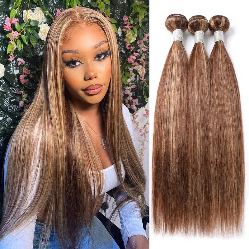 Modern Show Brown Hair With Strawberry Blonde Highlights Straight Brazilian Human Hair 3 Bundles