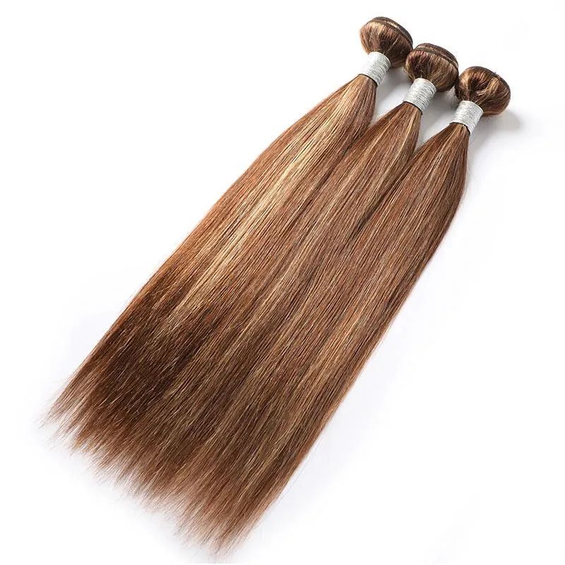 Modern Show Brown Hair With Strawberry Blonde Highlights Straight Brazilian Human Hair 3 Bundles